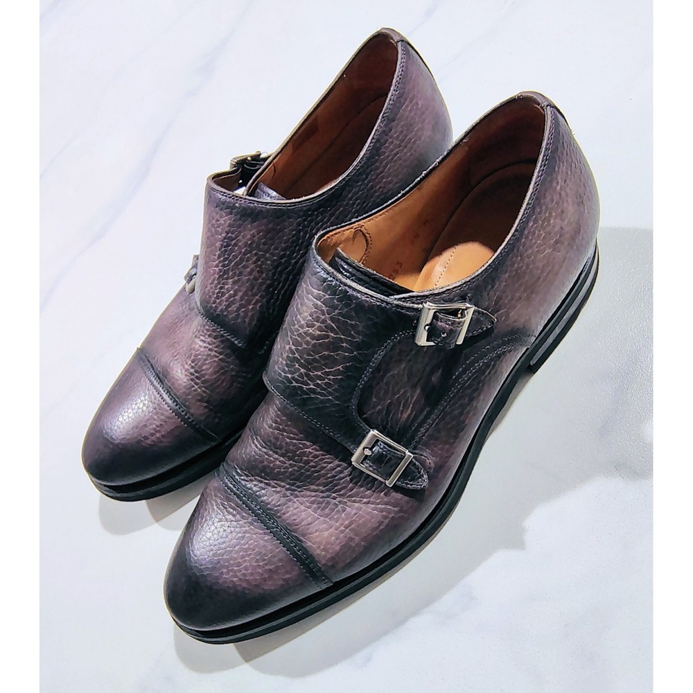Magnanni Mens Monk Strap Dress Shoes 9.5M Dark Gray Burnished Leather Extralight - Picture 9 of 15